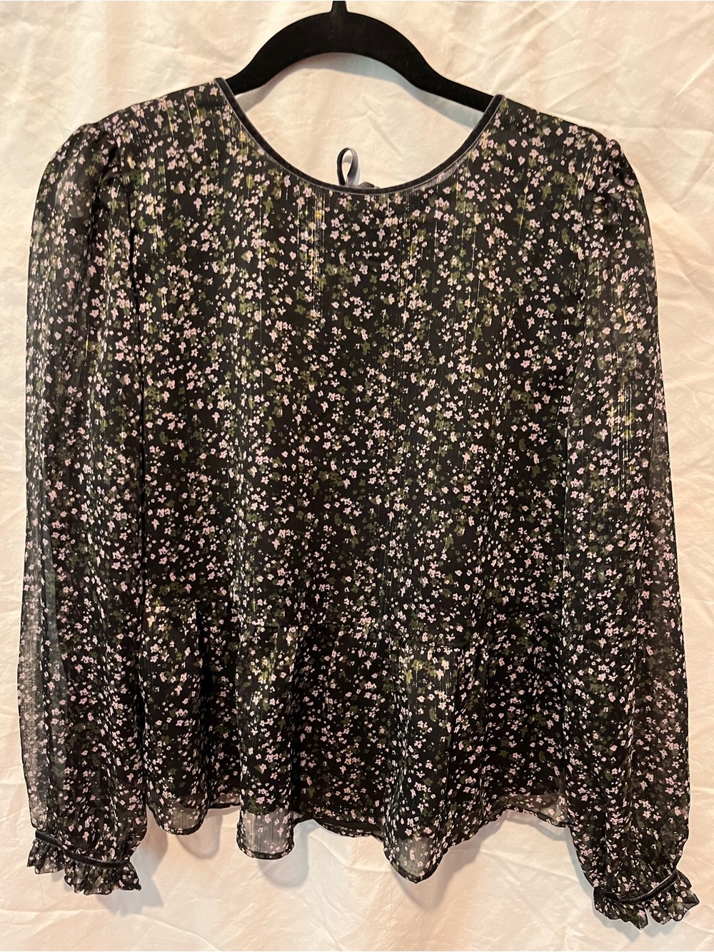 LOFT Black Sheer Blouse with Light Pink Floral Print